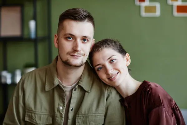 Portrait Young Lovely Couple Smiling Camera Sitting Home — Stock Photo, Image