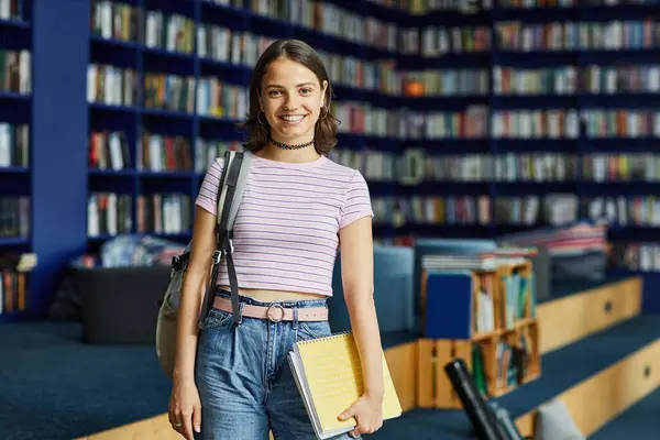 Vibrant Waist Portrait Smiling Young Woman Backpack College Library Looking — Stock Photo, Image