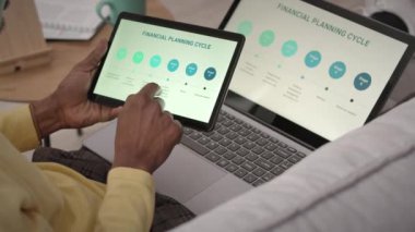 Genç siyahi adam dizüstü bilgisayar ve dijital tablet üzerinde sunum yapıyor, evden uzaktan çalışıyor.