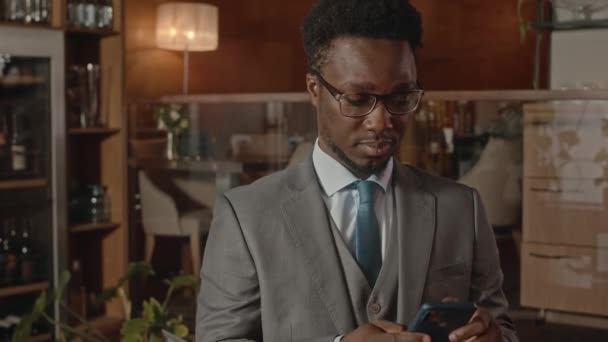 Tilt Medium Portrait Young Black Businessman Wearing Elegant Grey Suit — Stock Video