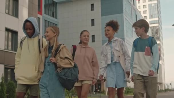 Angle Bas Cinq Écoliers Multiethniques Vêtements Décontractés Vibrants Bavardant Tout — Video