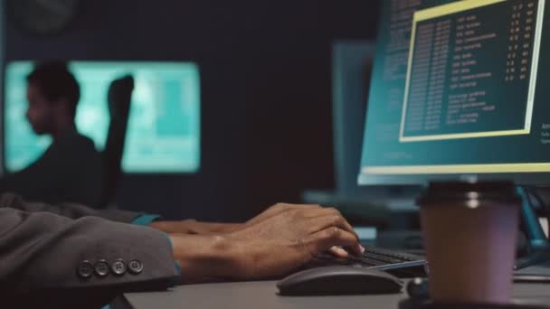 Closeup Unrecognizable Black Male Hands Specialist Program Coding Computer Office — Stock Video