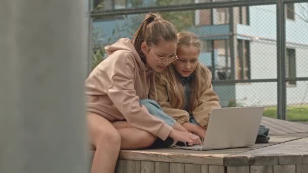 Duas Meninas Pré Adolescentes Caucasianas Sentadas Instalações Madeira Parque Infantil — Vídeo de Stock