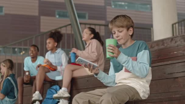 屋外の木製ベンチで多民族のクラスメイトと昼食をしながら スマートフォンを使用したコーカサス小児の中型ショット — ストック動画