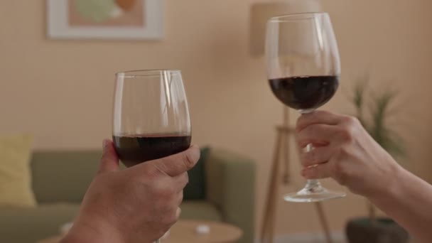 Średnie Zbliżenie Starszej Czarnej Kobiety Pijącej Czerwone Wino Rozmawiającej Przyjaciółką — Wideo stockowe