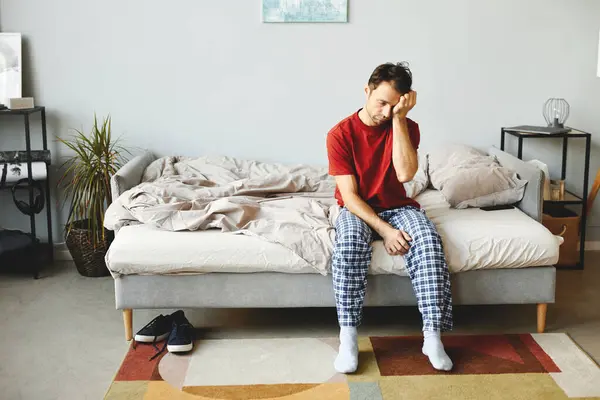Young Man Sitting His Bed Waking Morning Home — Stock Photo, Image