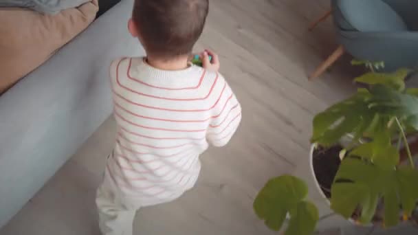 Handheld Pov Van Kaukasische Kleine Jongen Loopt Langs Woonkamer Tijdens — Stockvideo