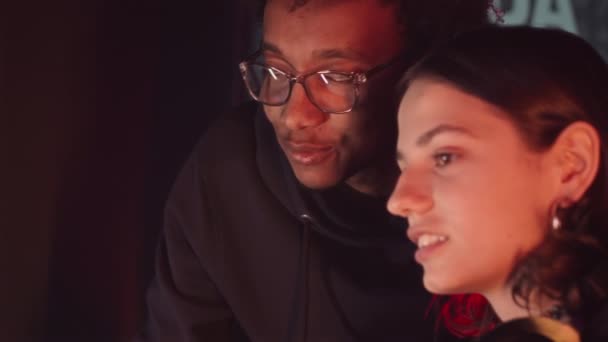 Medium Close Seup Slowmo Young Multiracial Gamer Couple Playing Games — стоковое видео