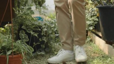 Kafkasyalı son sınıf öğrencisi hasır şapka takıyor. Çiçek kokulu petunya çiçeği kokulu. Yazın fidanlıkta yetişiyor.