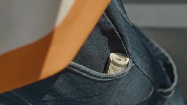 Closeup Cash Roll Pocket Baggy Blue Cargo Jeans Unrecognizable Male — Stock Video