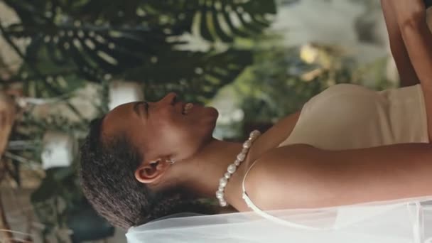 Vertical Medium Shot Contented African American Bride Groom Embracing Saying — Stock Video