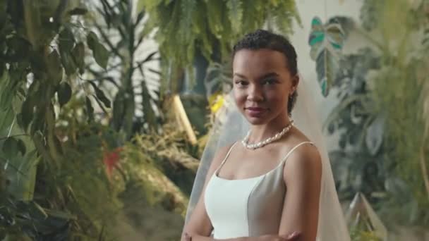Güzel Çift Irklı Gelinlik Duvak Giymiş Genç Gelinin Belden Yukarı — Stok video