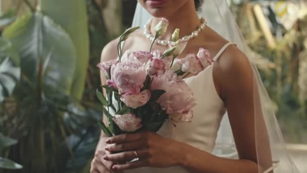 Tilt Portrait Elegant Young Biracial Bride Tender Flower Bouquet Hands — Stock Video