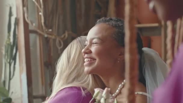 Chest Two Young Joyful African American Bridesmaids Embracing Congratulating Female — Stock Video