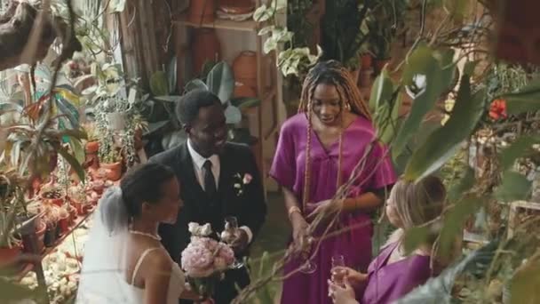 Shot Young Affectionate Newlywed Black Couple Talking Guests Wedding Party — Stock Video