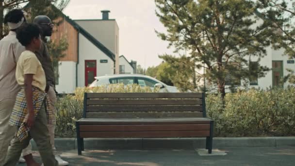 暖かい晴れた日に一緒に歩いている間に木製のベンチに座っている3人の陽気な黒人家族のスタブショット — ストック動画
