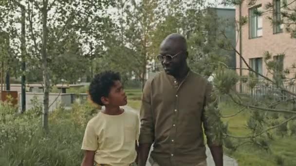 夏の日に家の近くで屋外を歩いている間 手を握っている19歳の息子とハンサムな黒人の中型ショット — ストック動画