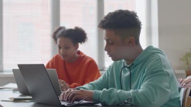 Sınıfta diğer öğrencilerle programlama yaparken dizüstü bilgisayar kullanan genç çift ırklı öğrencinin beline dikkat edin.