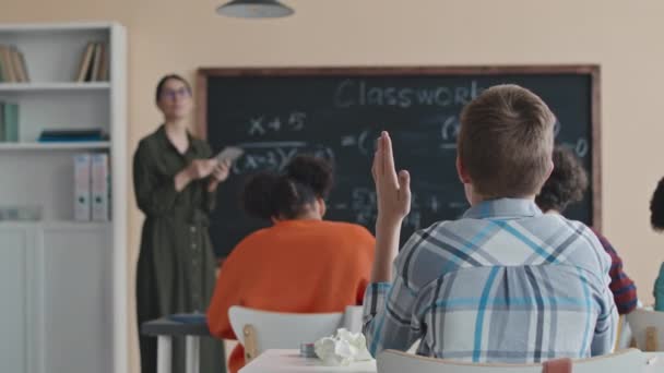 Back View Slowmo Caucasian Schoolboy Checkered Shirt Raising His Hand — Stock Video