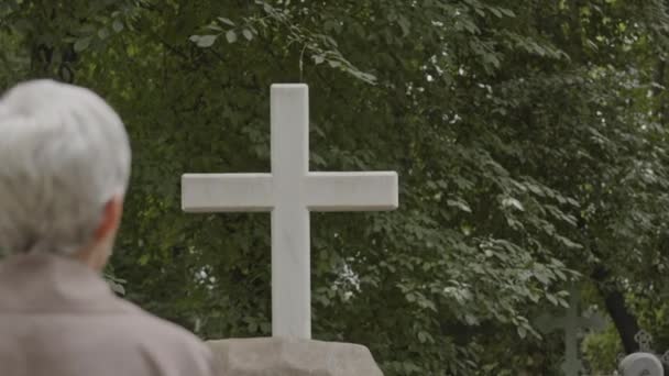 Vue Arrière Vieille Veuve Regardant Monument Commémoratif Croix Granit Lors — Video