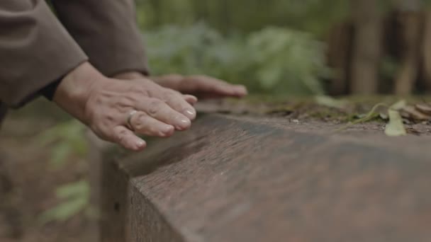 Närbild Oigenkännlig Mogen Kvinna Sorg Hålla Händerna Kall Gravsten — Stockvideo