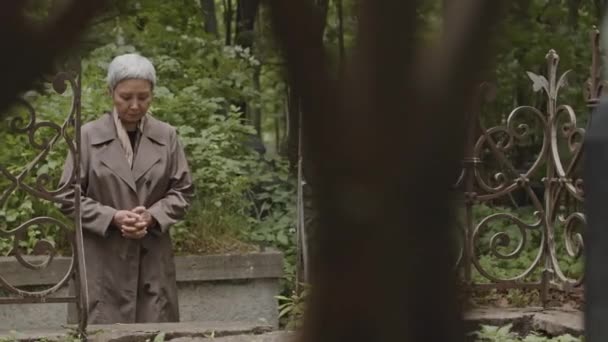 Medium Shot Mourning Senior Asian Woman Standing Metal Gates Cemetery — Stock Video