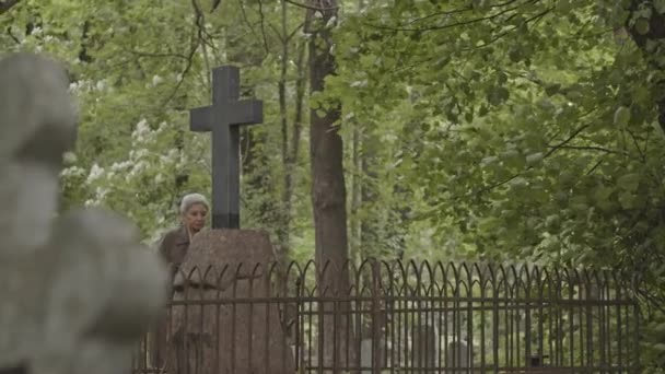 Grey Haired Mature Asian Woman Looking Tall Cross Memorial Graveyard — Stock Video