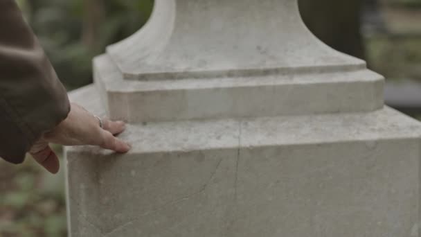 Gros Plan Une Main Féminine Méconnaissable Touchant Monument Commémoratif Granit — Video