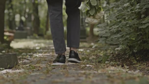 Задний Вид Медленно Вдовец Букетом Белых Роз Ходить Булыжнику Кладбище — стоковое видео
