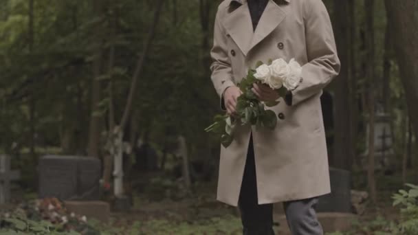 无法辨认的鳏夫带来一束白玫瑰到他心爱的妻子的墓前 — 图库视频影像