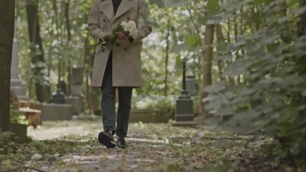 Slowmo Młodego Kaukaskiego Wdowca Bukietem Białych Róż Spacerujących Wzdłuż Cmentarza — Wideo stockowe
