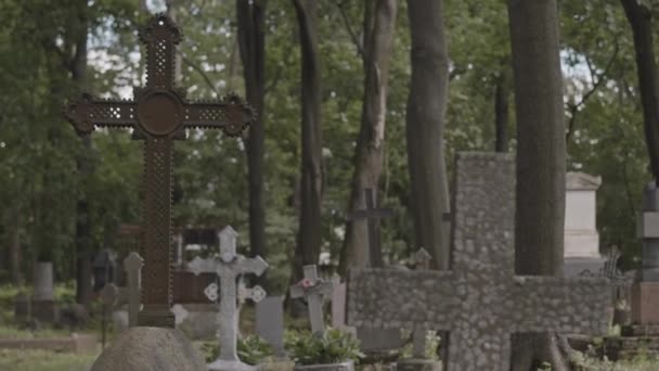 People Shot Plenty Cross Memorials Headstones Graveyard Cemetery Daytime — Stock Video