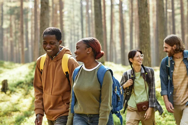 Multiethnic Group Young People Talking Walking Together Forest Outdoors — Stock Photo, Image