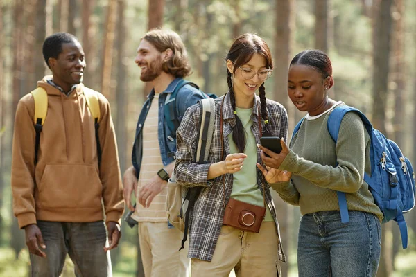 Young Girls Using Navigator Mobile Phone While Standing Forest Traveling — Stock Photo, Image