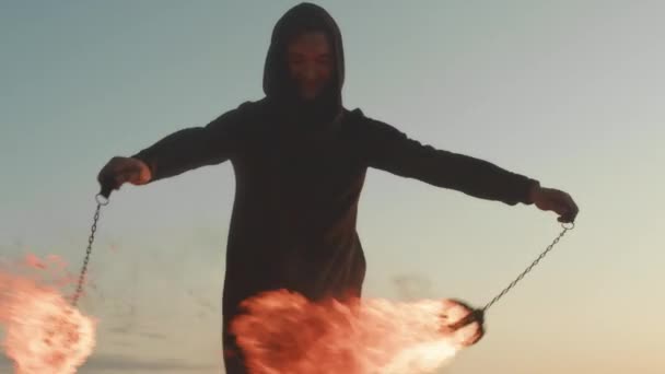 Medium Shot Talented Young Brave Man Spinning Burning Fire Poi — Stock Video