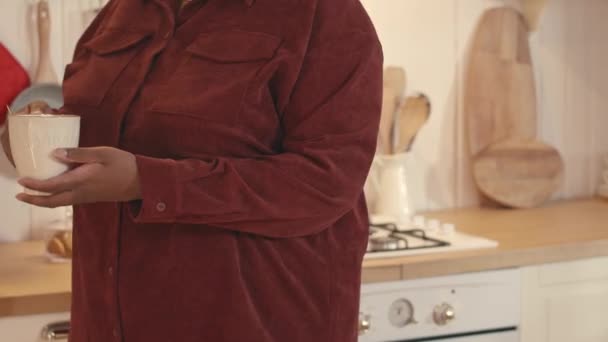 Junge Glückliche Afroamerikanerin Die Familienmitgliedern Heiße Schokolade Mit Marshmallows Zubereitet — Stockvideo