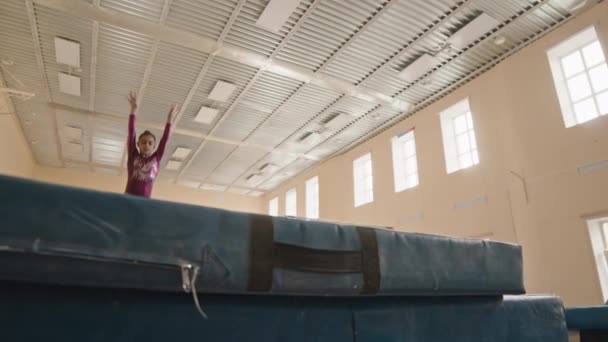 Çift Irklı Ilkokul Akrobatik Kızlarının Düşük Açılı Akrobasi Hareketi Koreografi — Stok video