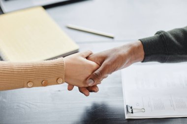 Yüksek açılı iki kişinin başarılı bir iş görüşmesinden ya da iş görüşmesinden sonra toplantı masasında el sıkışması.