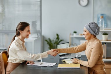 Ofisteki toplantı masasında el sıkışan iki bayan girişimcinin minimal yan görünüm portresi