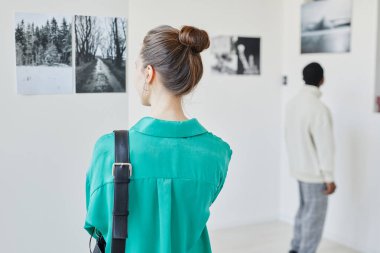 Sanat galerisinde veya müzede yeşil giyinmiş genç bir kadının arka plan görüntüsü, kopyalama alanı