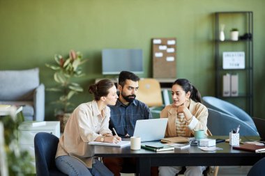 Çalışma sırasında iş yerinin dizüstü bilgisayarın önünde yaptığı yeni bir iş projesi ile ilgili fikirlerini ya da bakış açısını meslektaşlarıyla paylaşan genç bir kadın.