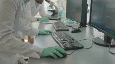 Beyaz laboratuvar önlüklü beyaz kadın bilim adamı araştırmayı analiz ederken bilgisayar ekranına bakıyor, laboratuvarda Afrikalı Amerikalı erkek meslektaşla çalışıyor.