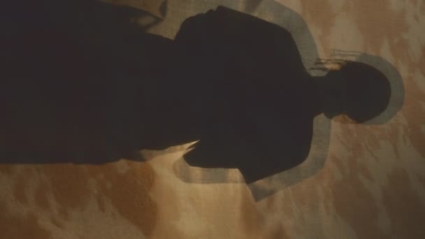 太阳落山时 无法辨认的女性侧影像沙地上的影子的垂直中等摄影 — 图库视频影像