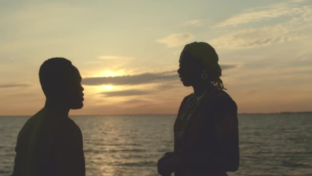 ゴールデンサンセットで水面に立って会話をする若い美しいアフリカ系アメリカ人のカップルの中型ショット — ストック動画