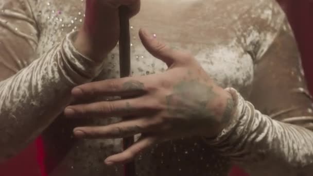 Tätowierte Drag Queen Glänzendem Minikleid Singt Retro Mikrofon Während Sie — Stockvideo