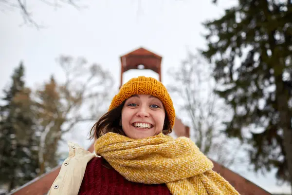 Low Angle Portrait Excited Young Woman Sledding Downhill Winter — Stock Photo, Image