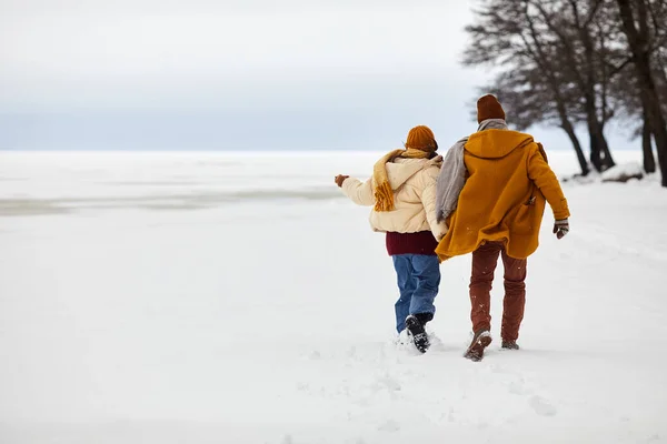 Kaygısız Genç Çiftin Kışın Donmuş Göl Kenarında Dışarı Koşması Kopyalama — Stok fotoğraf