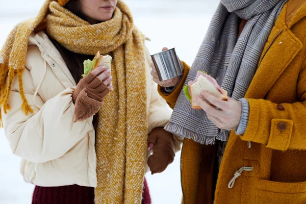 两对年轻夫妇在冬季徒步旅行期间到户外吃午饭 — 图库照片
