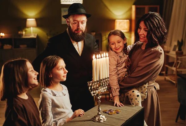 Portrait Modern Jewish Family Looking Silver Menorah Candle Hanukkah Celebration — Stock Photo, Image
