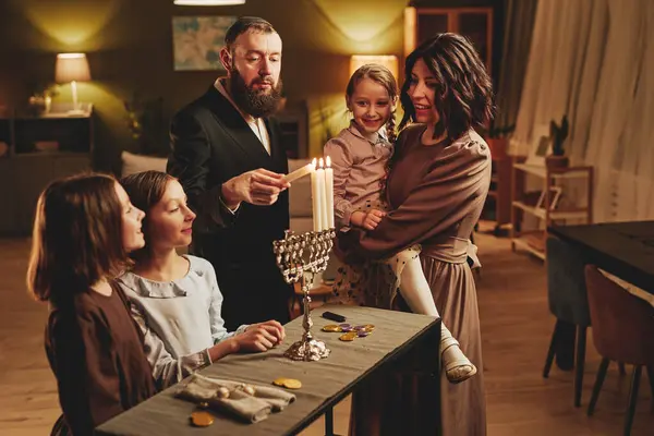 Portrait Modern Jewish Family Lighting Silver Menorah Candle Hanukkah Celebration — Stock Photo, Image